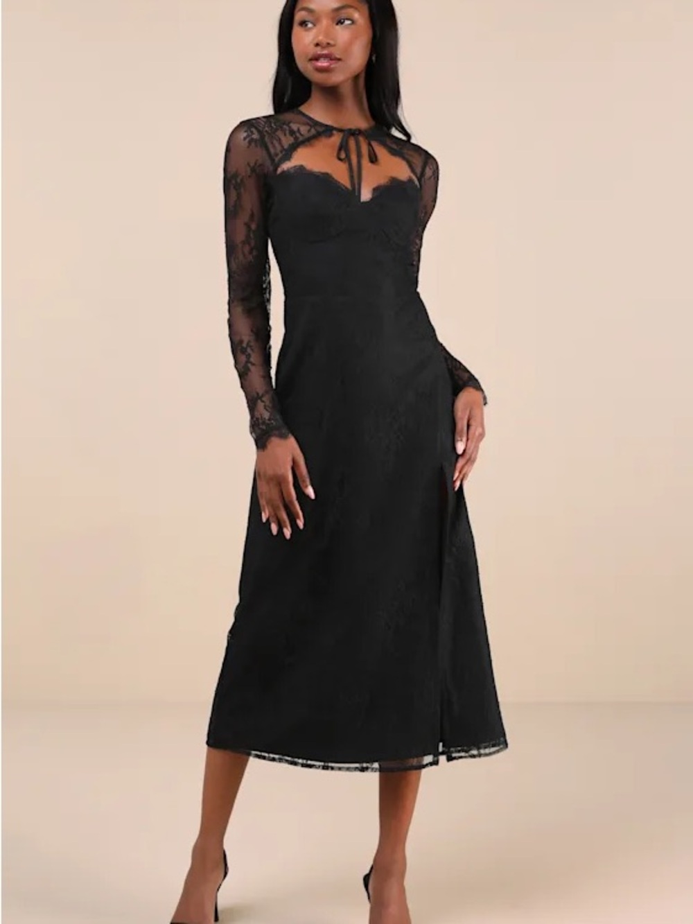 Lulus Adoring You Black Lace Long Sleeve Midi Dress NWT Size M